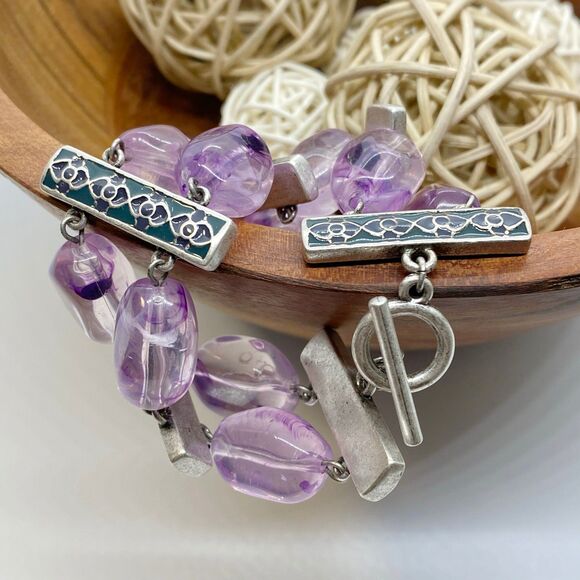 Purple Glass Beads Silver Tone with Teal Bar Bracelet Vintage Gift for Her Retro - Picture 1 of 9